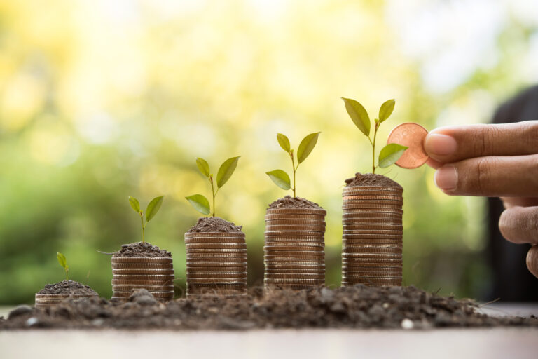 hand putting money coin stack growing business
